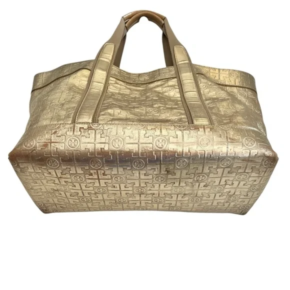 Tory Burch Golden Metallic Travel Tote Bag leather embossed logo lined - Picture 3 of 16